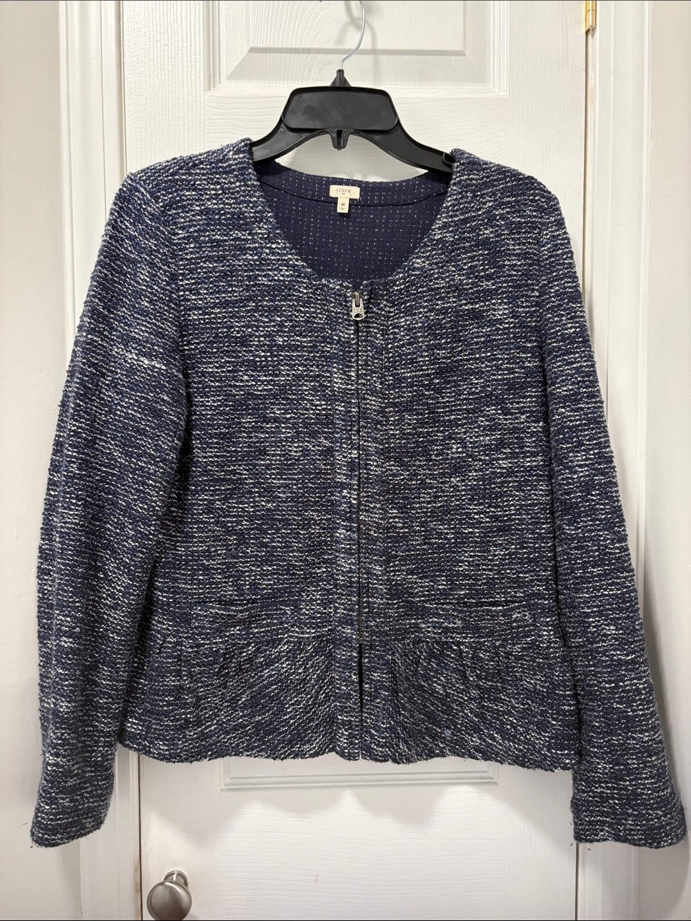 J. Crew Navy and White Zip-Front Knit Cardigan